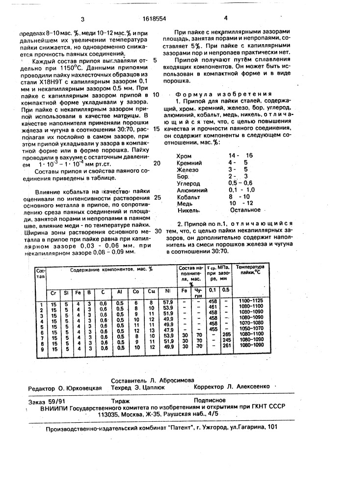 Припой для пайки сталей (патент 1618554)