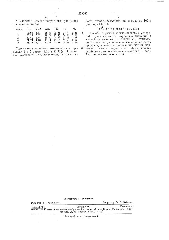 Способ получения азотномагниевых удобрений (патент 259090)