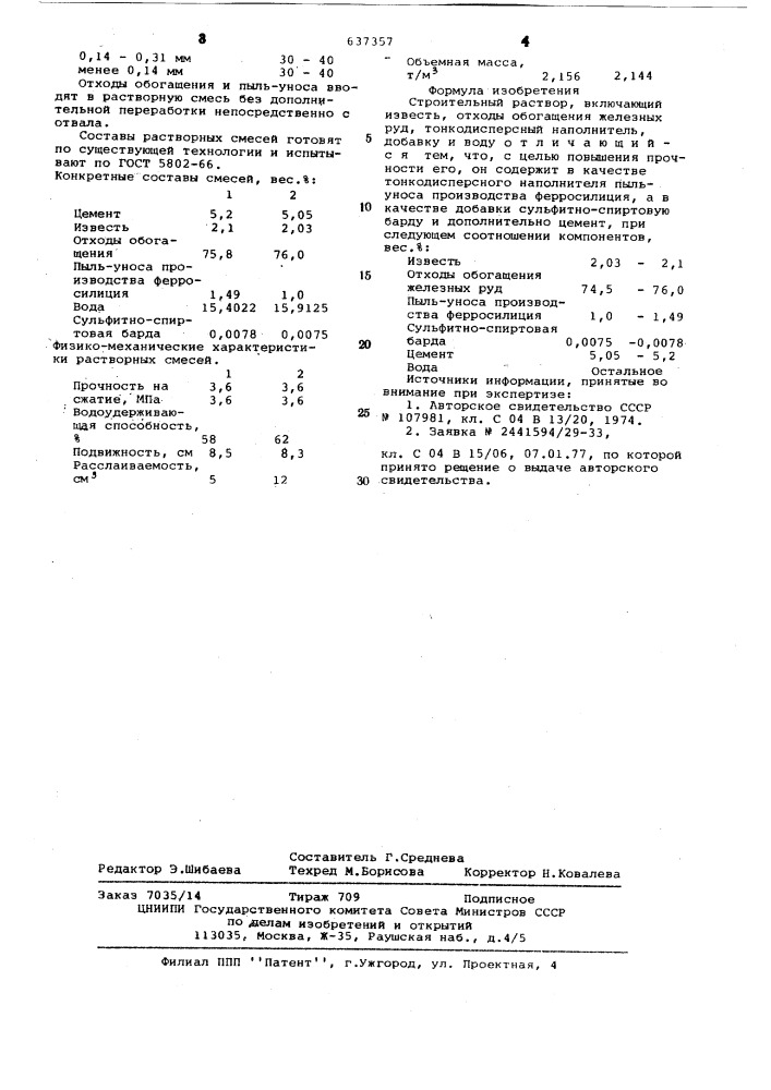 Строительный раствор (патент 637357)