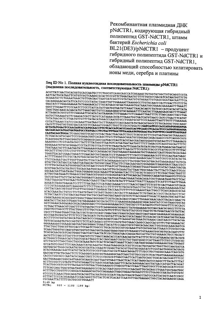 Рекомбинантная плазмидная днк pndctr1, кодирующая гибридный полипептид gst-ndctr1, штамм бактерий escherichia coli bl21(de3)/pndctr1 - продуцент гибридного полипептида gst-ndctr1 и гибридный полипептид gst-ndctr1, обладающий способностью хелатировать ионы меди, серебра и платины (патент 2603092)