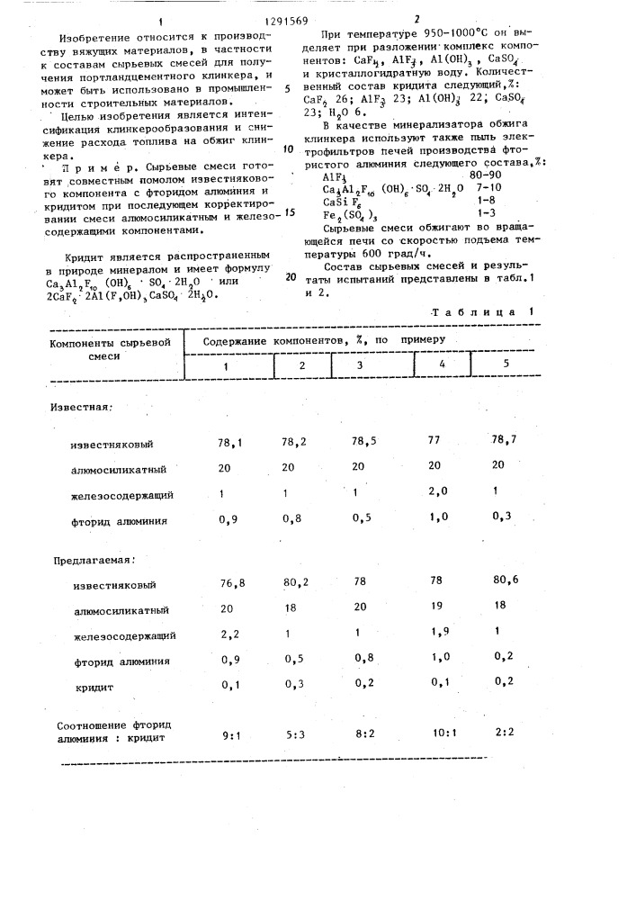 Сырьевая смесь для получения портландцементного клинкера (патент 1291569)
