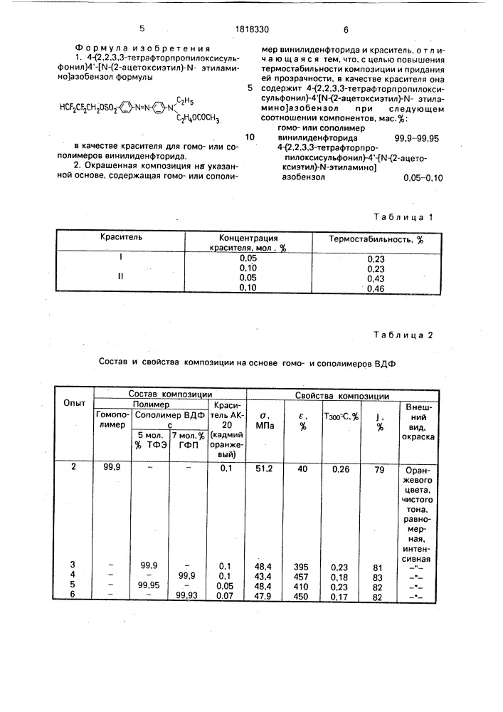 4-(2,2,3,3-тетрафторпропилоксисульфонил)-4 @ -/n-(2- ацетоксиэтил)-n-этиламино/азобензол в качестве красителя для гомоили сополимеров винилиденфторида и окрашенная композиция на его основе (патент 1818330)