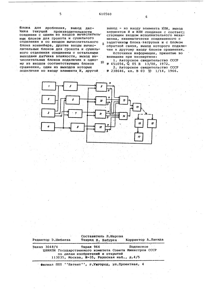 Устройство для автоматического регулирования загрузки технологической линии многостадийного дробления (патент 610560)