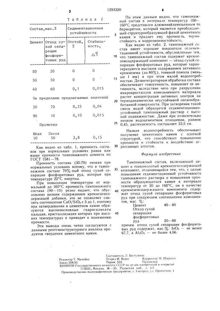 Тампонажный состав (патент 1293320)