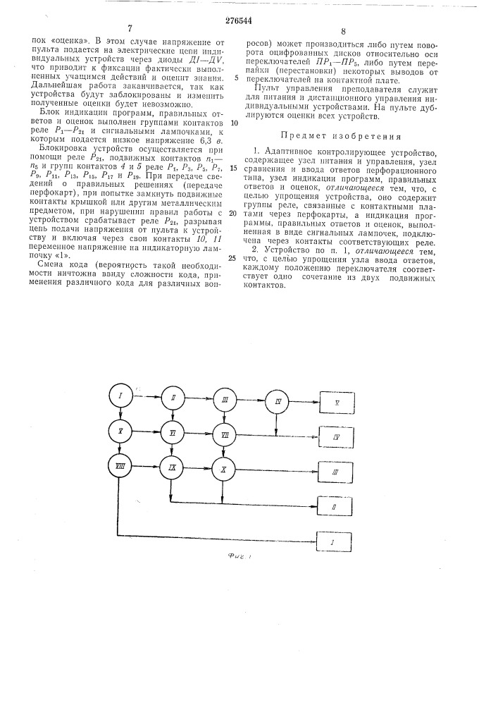 Адаптивное контролирующее устройство (патент 276544)