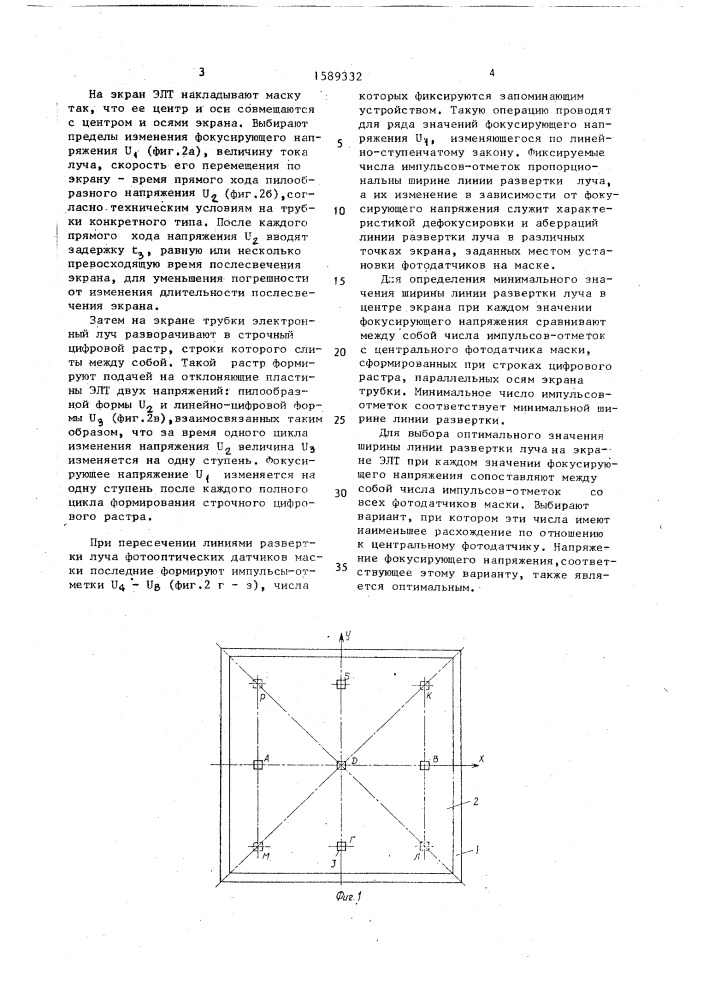 Способ определения оптимальной ширины линии развертки электронного луча на экране электронно-лучевой трубки (патент 1589332)