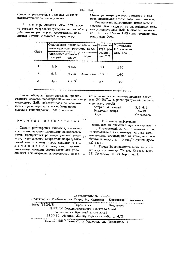 Способ регенерации анионита насыщенного поверхностно- активными веществами (патент 698644)