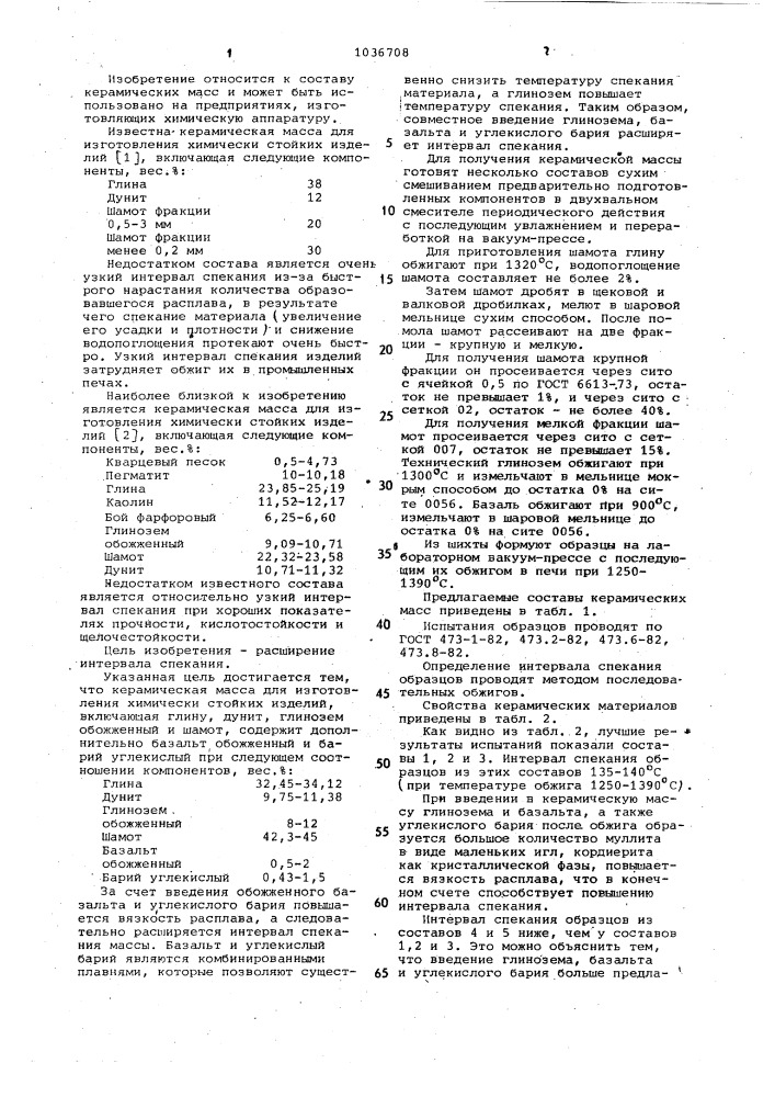 Керамическая масса для изготовления химически стойких изделий (патент 1036708)