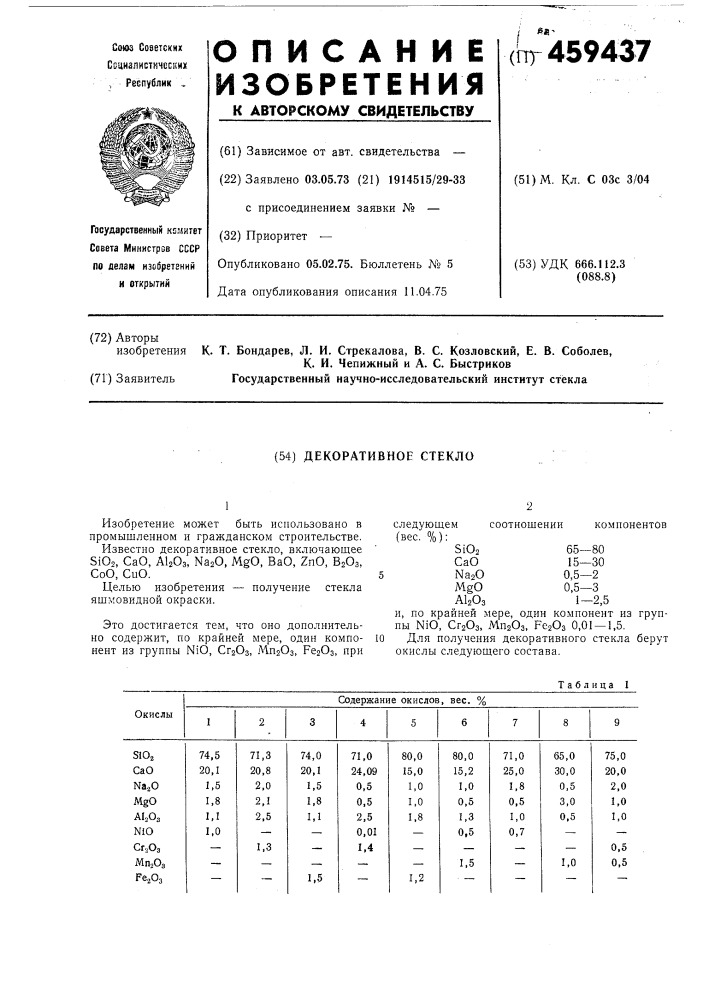 Декоративное стекло (патент 459437)