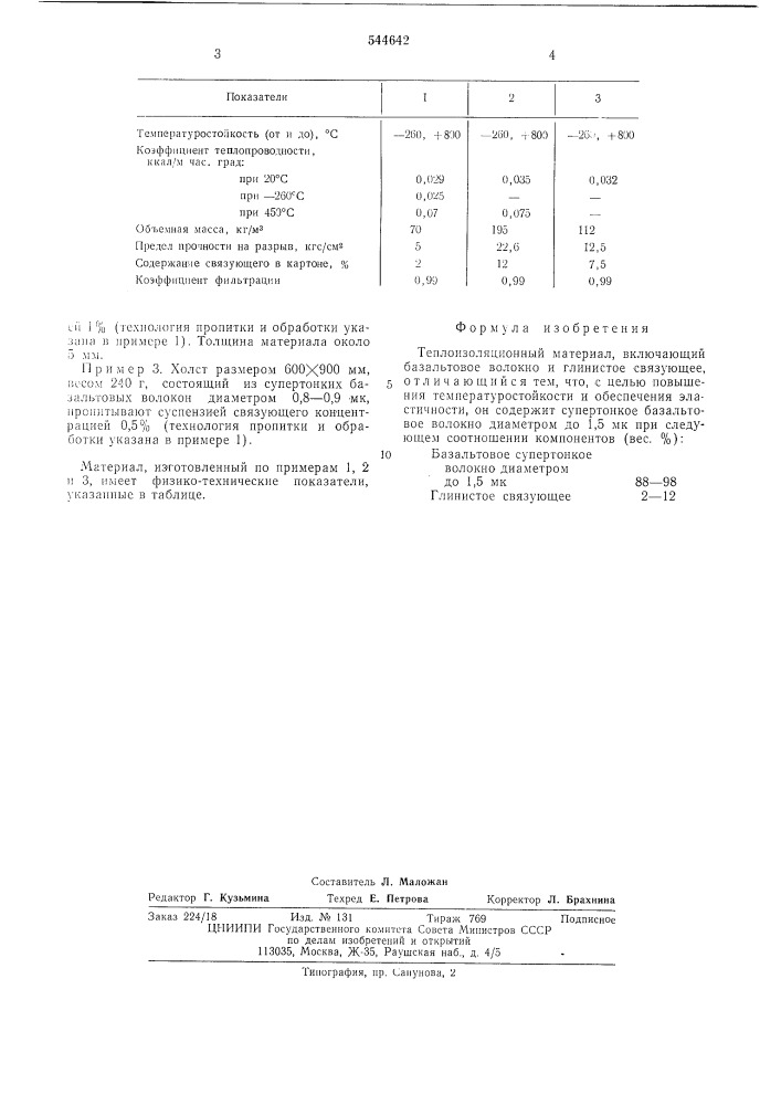 Теплоизоляционный материал (патент 544642)