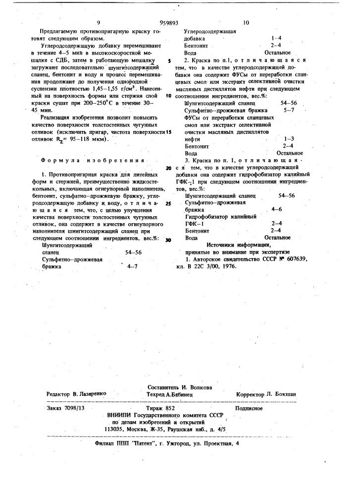 Противопригарная краска для литейных форм и стержней (патент 959893)