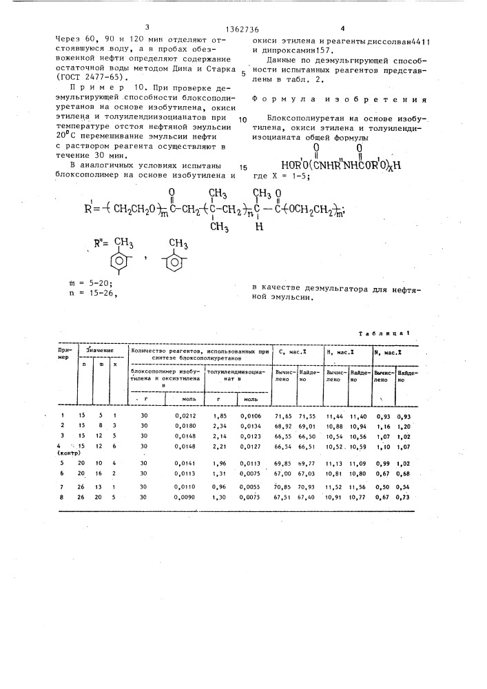 Блоксополиуретан на основе изобутилена,окиси этилена и толуилендиизоцианата в качестве деэмульгатора для нефтяной эмульсии (патент 1362736)