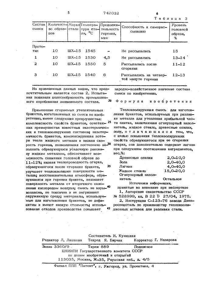 Теплоизолирующая смесь для изготовления брикетов (патент 742032)