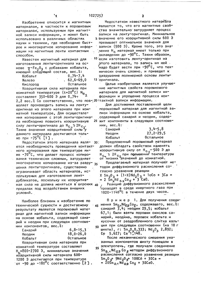 Порошковый материал для магнитной записи информации на основе кобальта (патент 1027257)