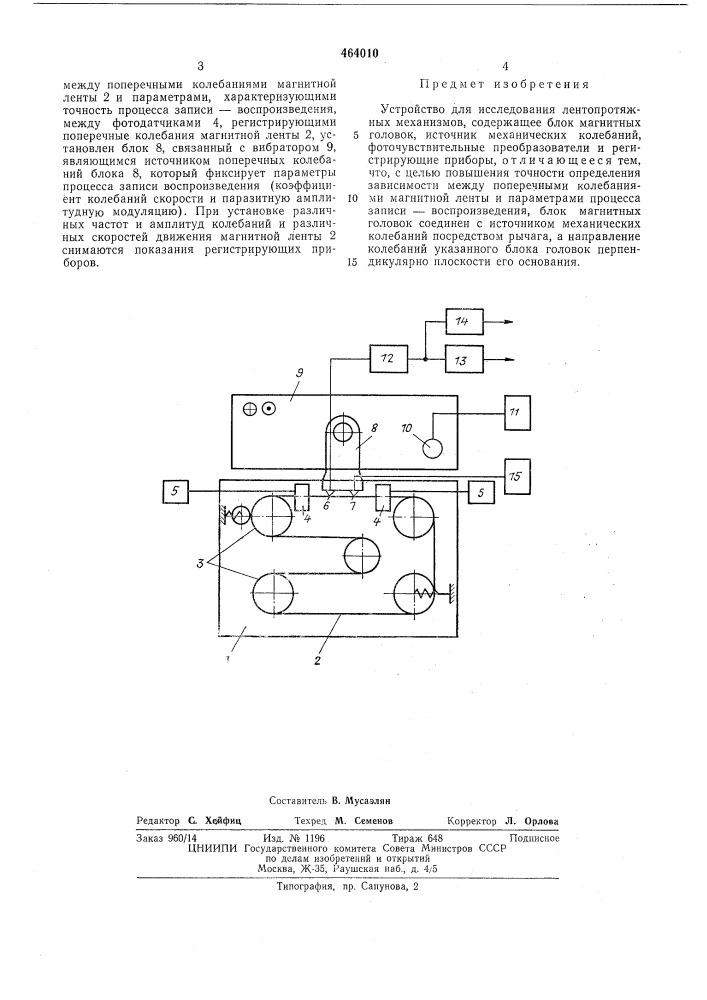 Устройство для исследования лентопротяжных механизмов (патент 464010)