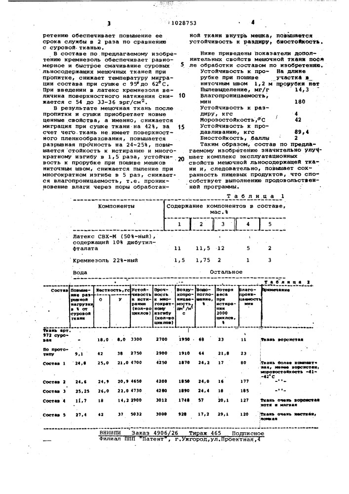 Состав для отделки мешочной льносодержащей ткани (патент 1028753)