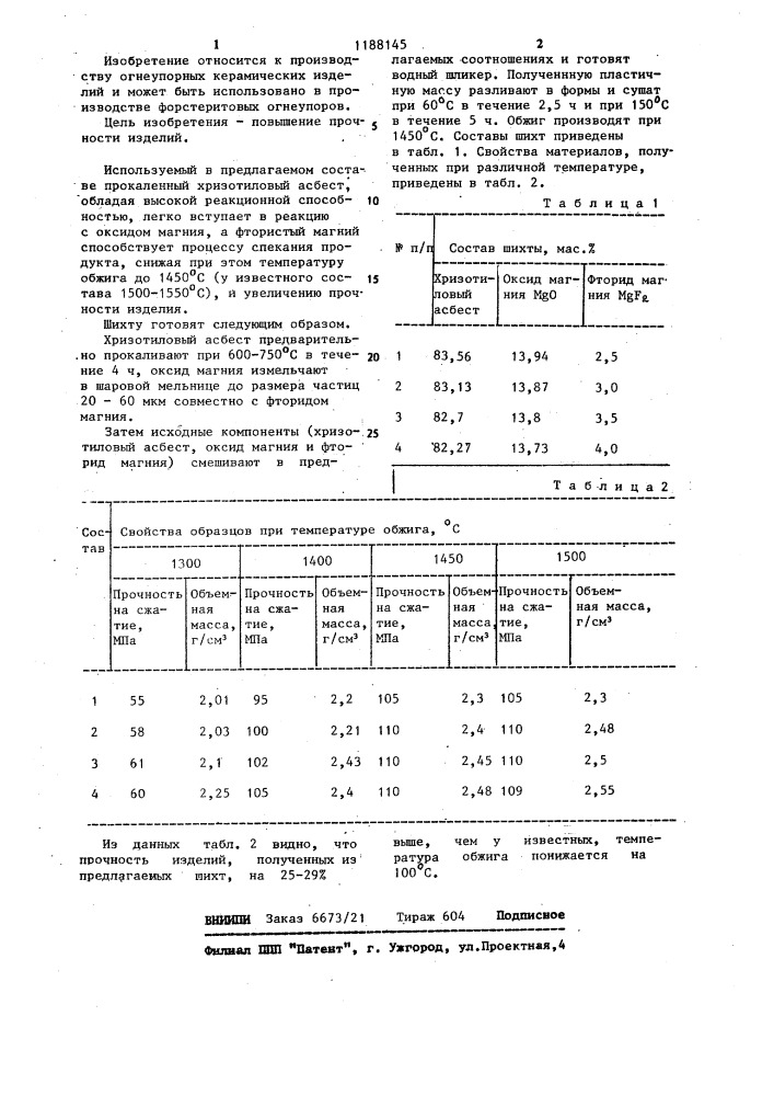 Шихта для изготовления форстеритовых огнеупоров (патент 1188145)