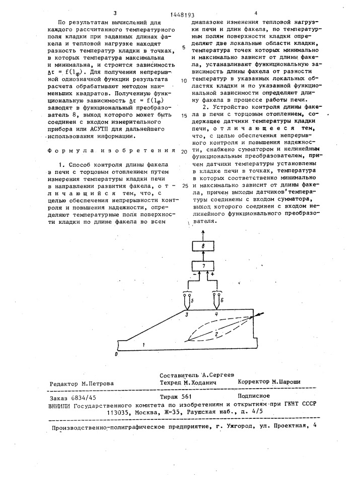 Способ контроля длины факела в печи с торцовым отоплением и устройство для его осуществления (патент 1448193)