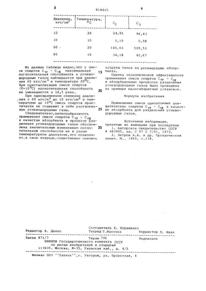 Абсорбент для разделения углеводород-ных газов (патент 814415)