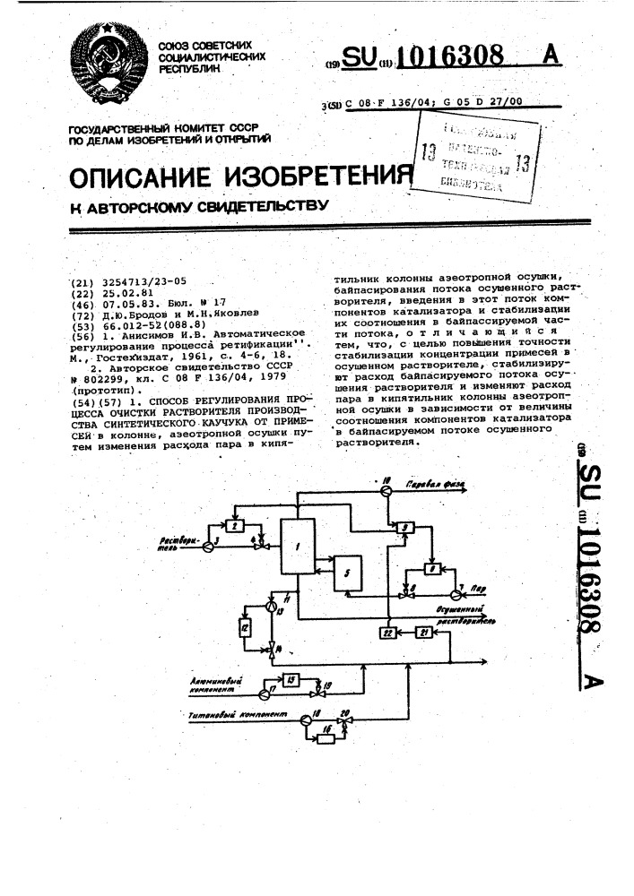 Способ регулирования процесса очистки растворителя производства синтетического каучука от примесей (патент 1016308)