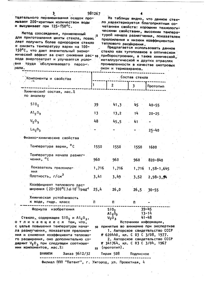 Стекло (патент 981267)