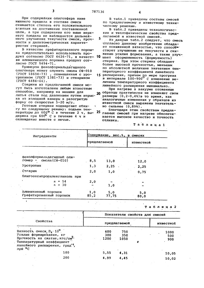 Смесь для изготовления стержней для литья под давлением деталей из стали и высокотемпературных сплавов (патент 787136)