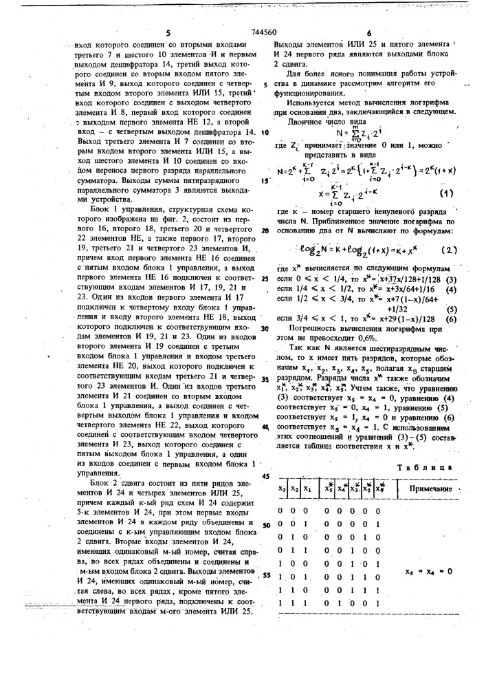 Устройство для вычисления логарифма (патент 744560)