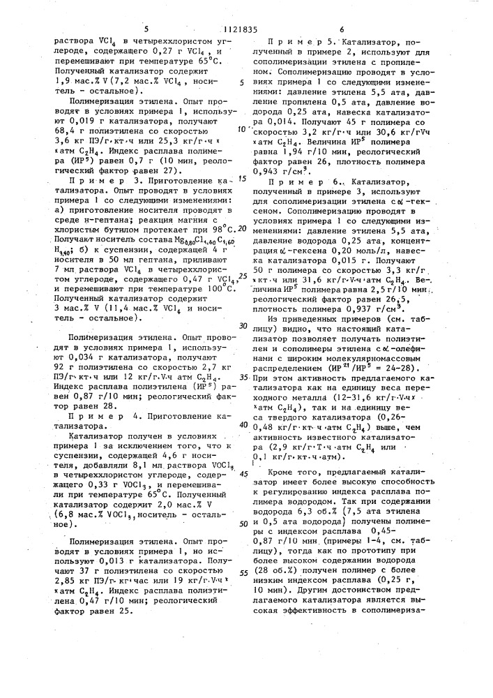 Катализатор для получения полиэтилена и сополимеров этилена с @ -олефинами и способ его получения (патент 1121835)