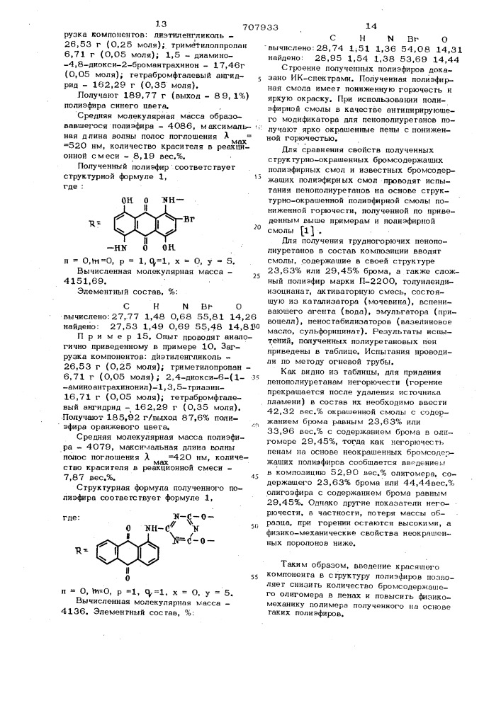 Структурно-окрашенная полиэфирная смола с пониженной горючестью для получения пенополиуретанов (патент 707933)