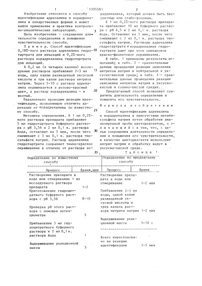 Способ идентификации адреналина и норадреналина (патент 1305581)