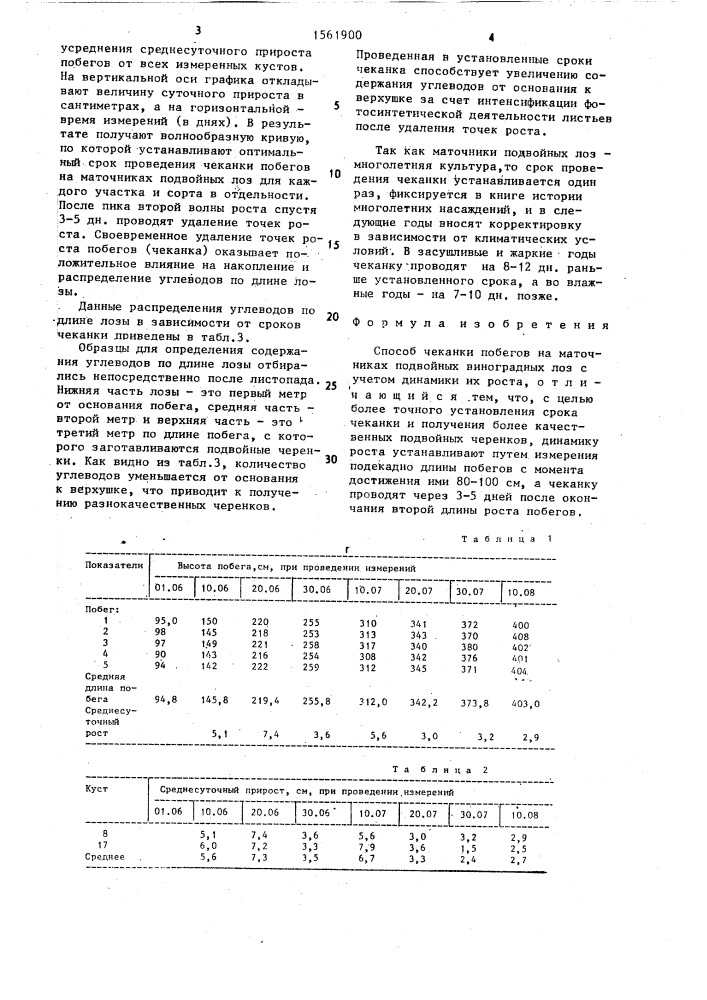 Способ чеканки побегов на маточниках подвойных виноградных лоз (патент 1561900)