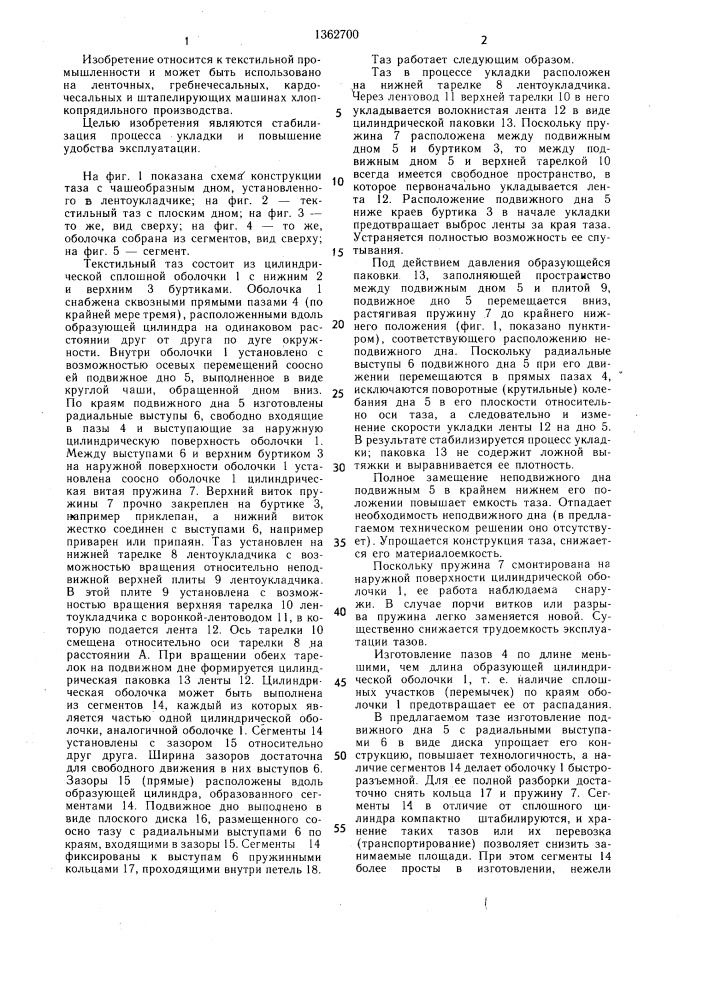Текстильный таз для укладки волокнистой ленты (патент 1362700)
