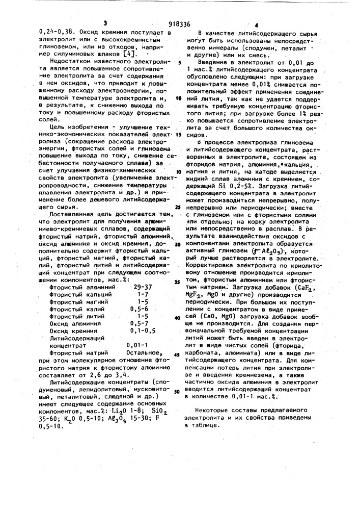 Электролит для получения алюминиево-кремниевых сплавов (патент 918336)