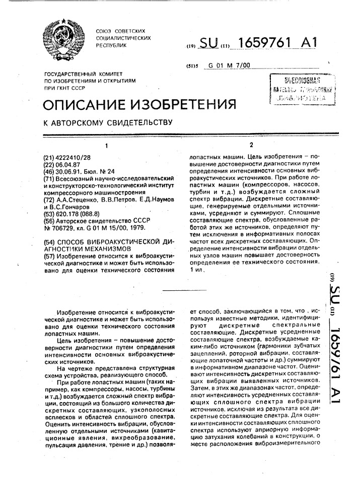 Способ виброакустической диагностики механизмов (патент 1659761)