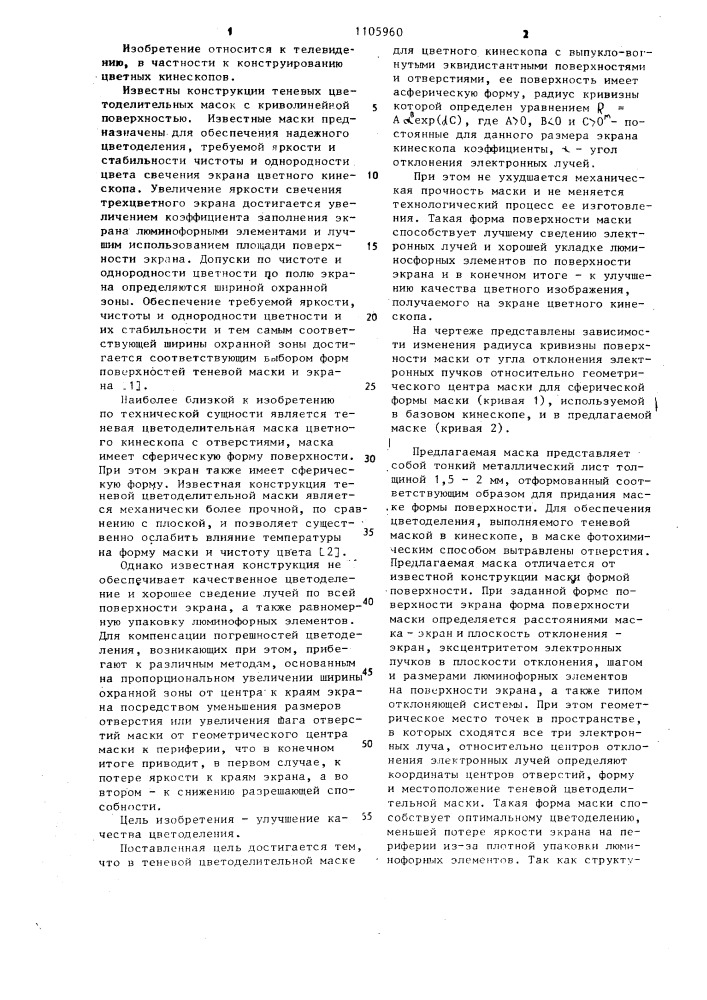 Теневая цветоделительная маска для цветного кинескопа (патент 1105960)