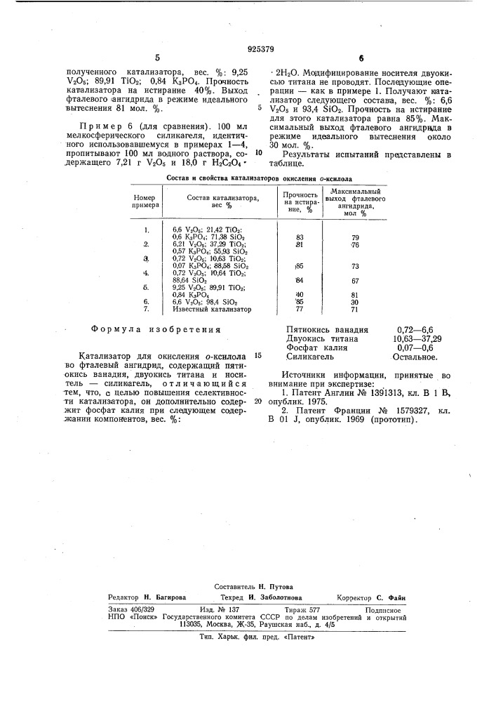 Катализатор для окисления о-ксилола во фталевый ангидрид (патент 925379)