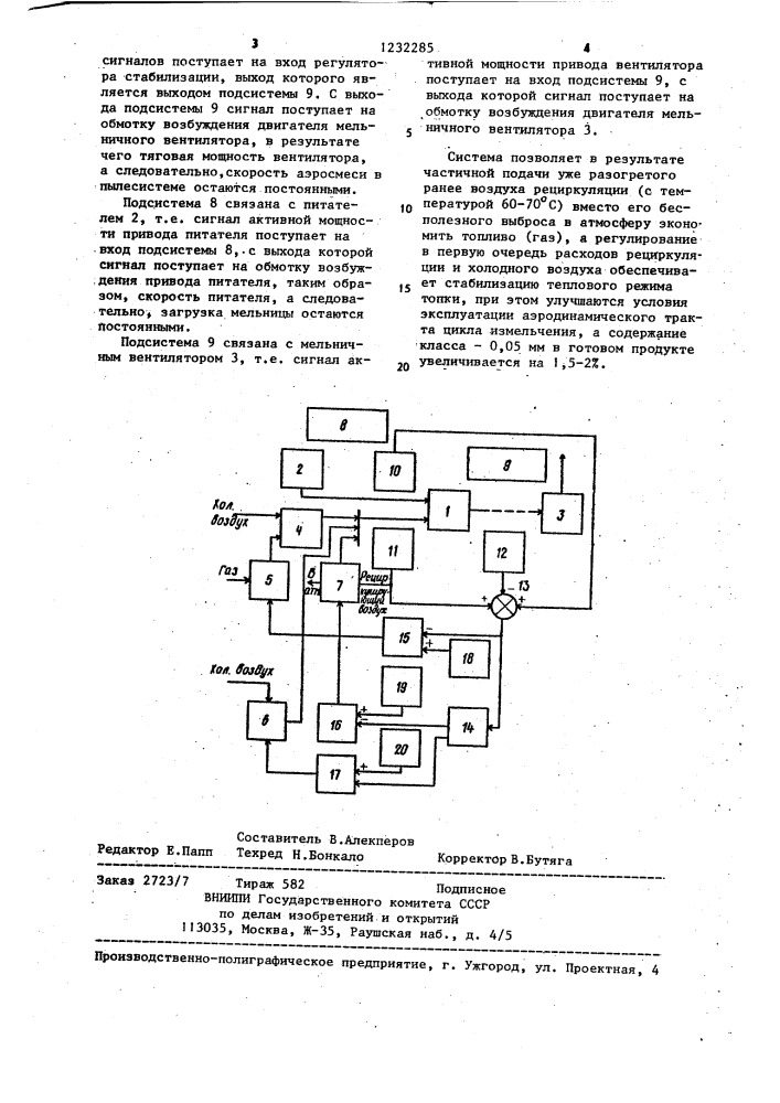 Система автоматического регулирования теплового режима шаровой вентилируемой мельницы (патент 1232285)