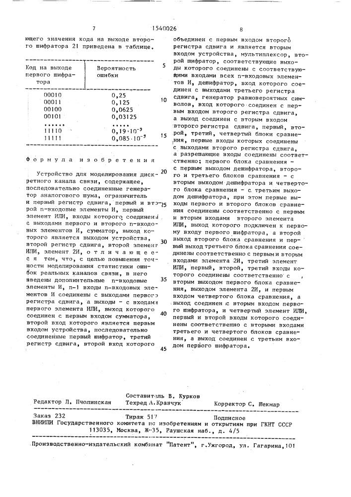 Устройство для моделирования дискретного канала связи (патент 1540026)