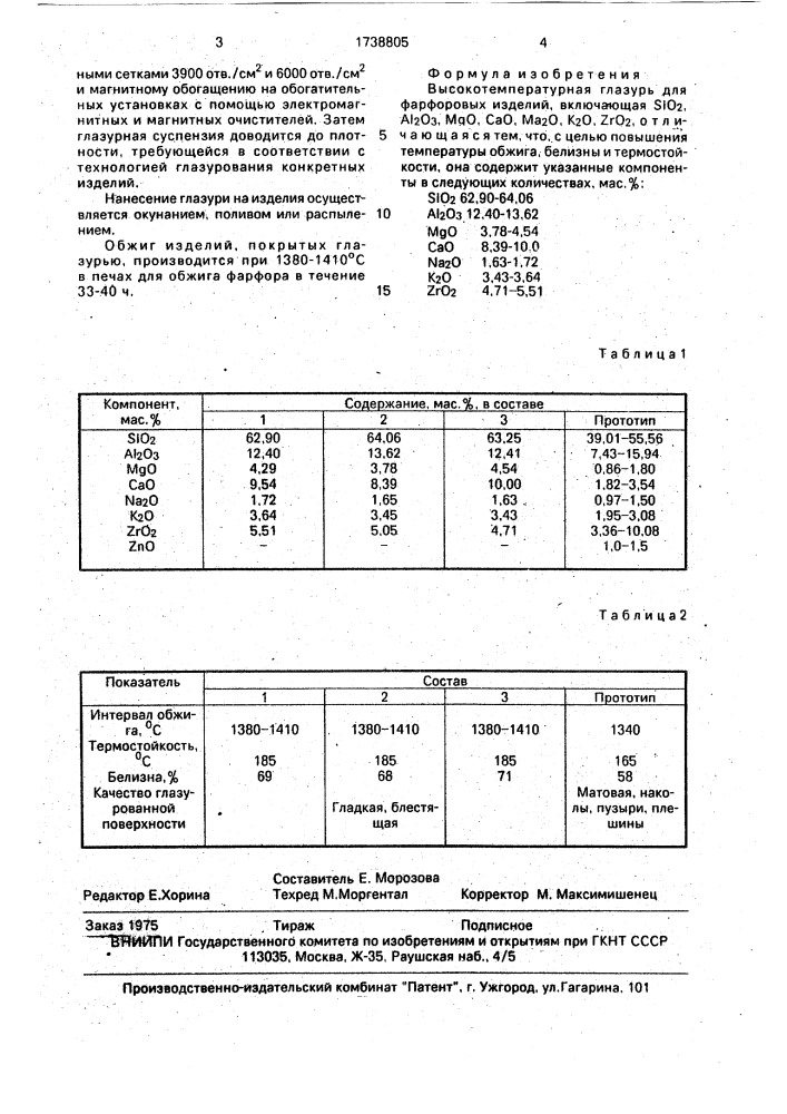 Высокотемпературная глазурь для фарфоровых изделий (патент 1738805)