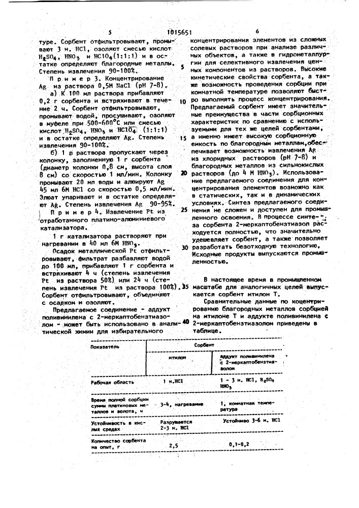 Аддукт поливинилена с 2-меркаптобензтиазолом для сорбционного извлечения благородных и переходных металлов (патент 1015651)