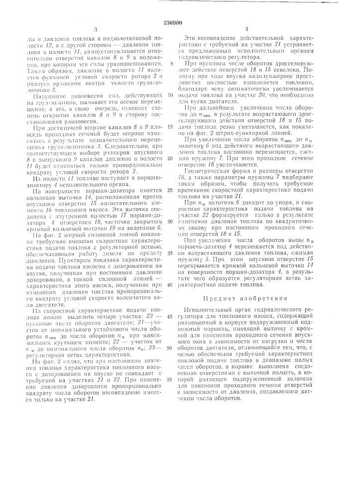 Исполнительный орган гидравлического регулятора для топливного насоса (патент 236900)