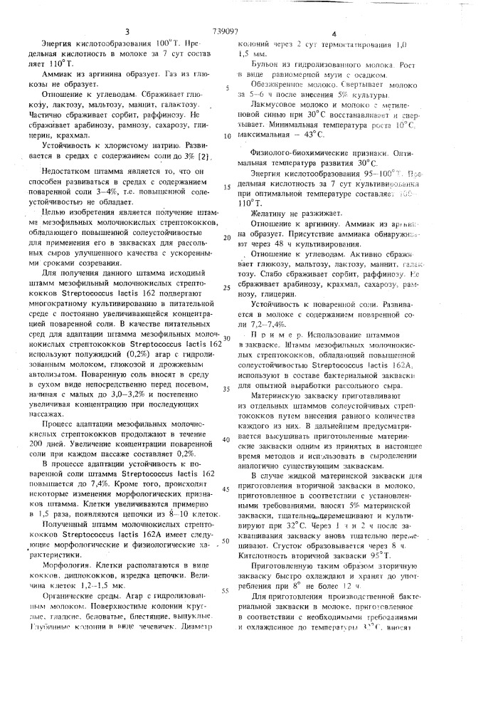 Штамм 162а, используемый в заквасках для рассольных сыров (патент 739097)