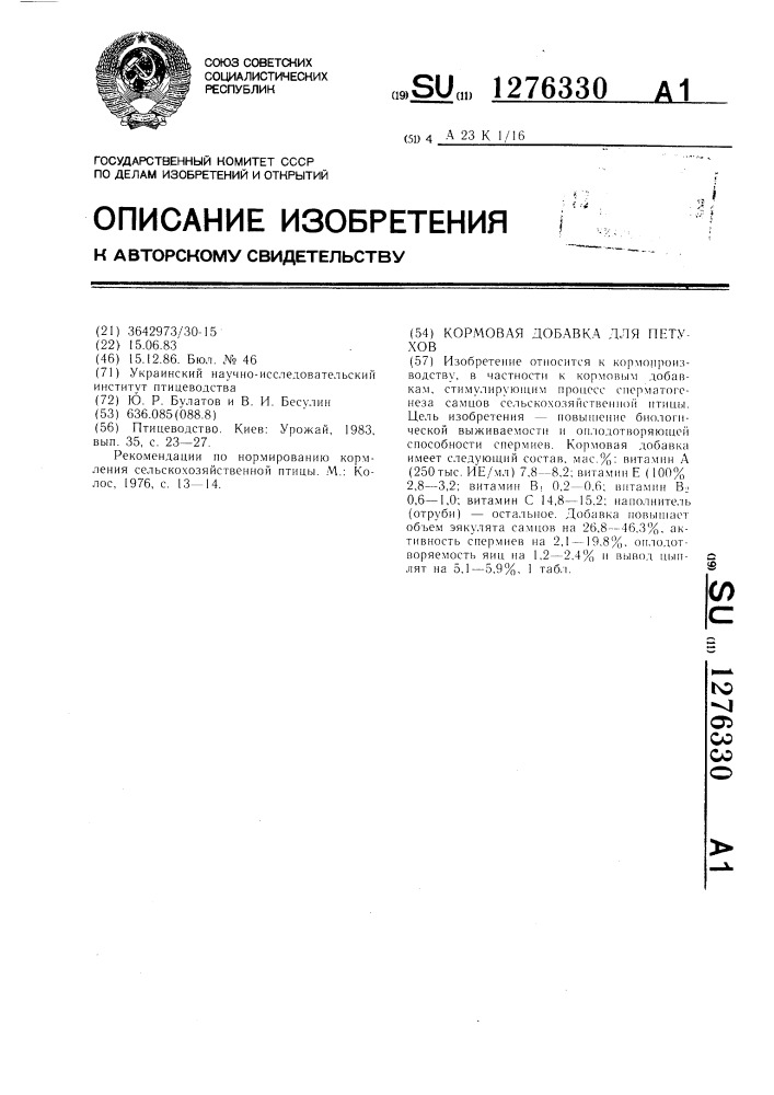 Кормовая добавка для петухов (патент 1276330)