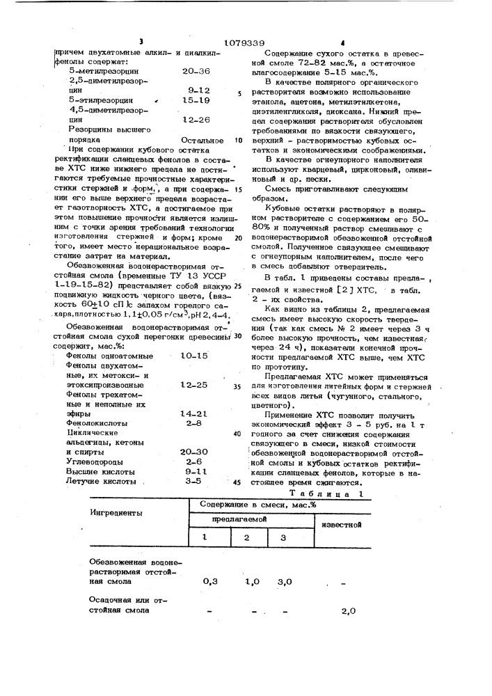 Холоднотвердеющая смесь для изготовления литейных форм и стержней (патент 1079339)