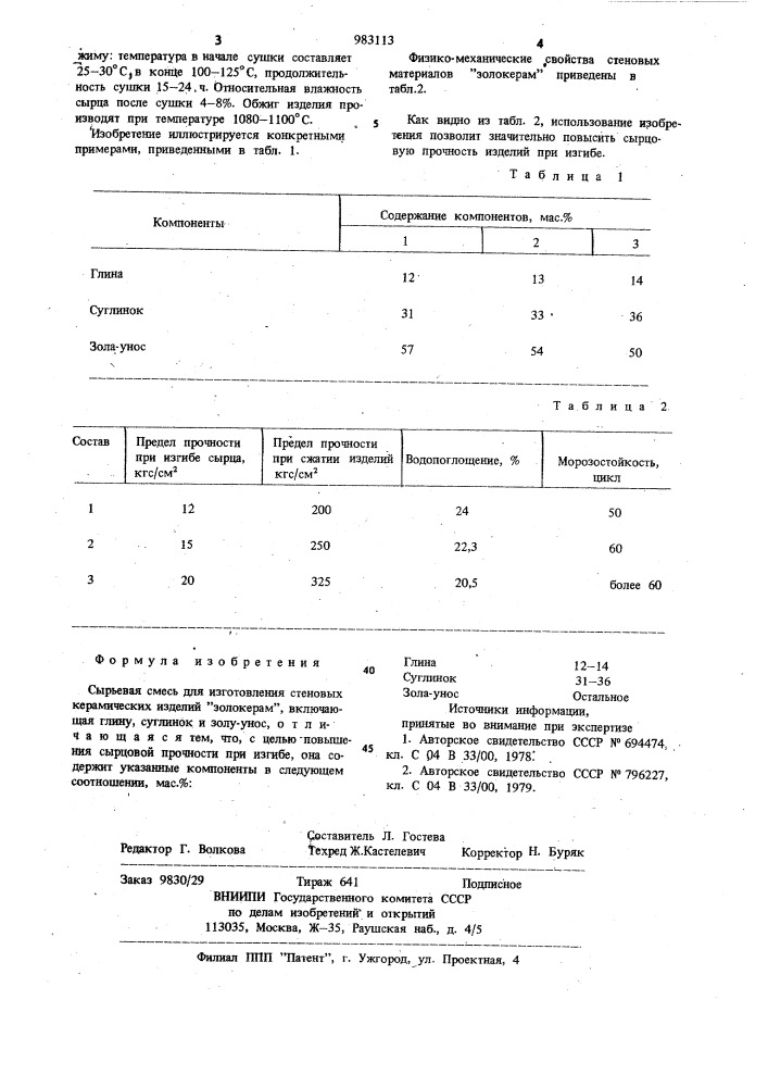 Сырьевая смесь для изготовления стеновых керамических изделий "золокерам (патент 983113)