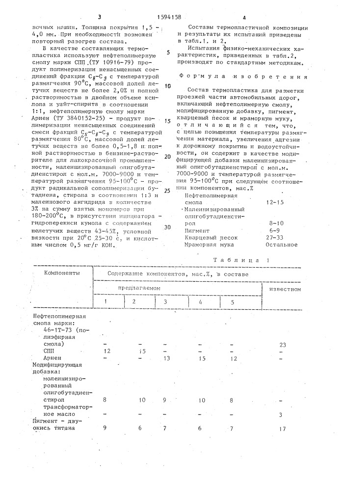 Состав термопластика для разметки проезжей части автомобильных дорог (патент 1594158)