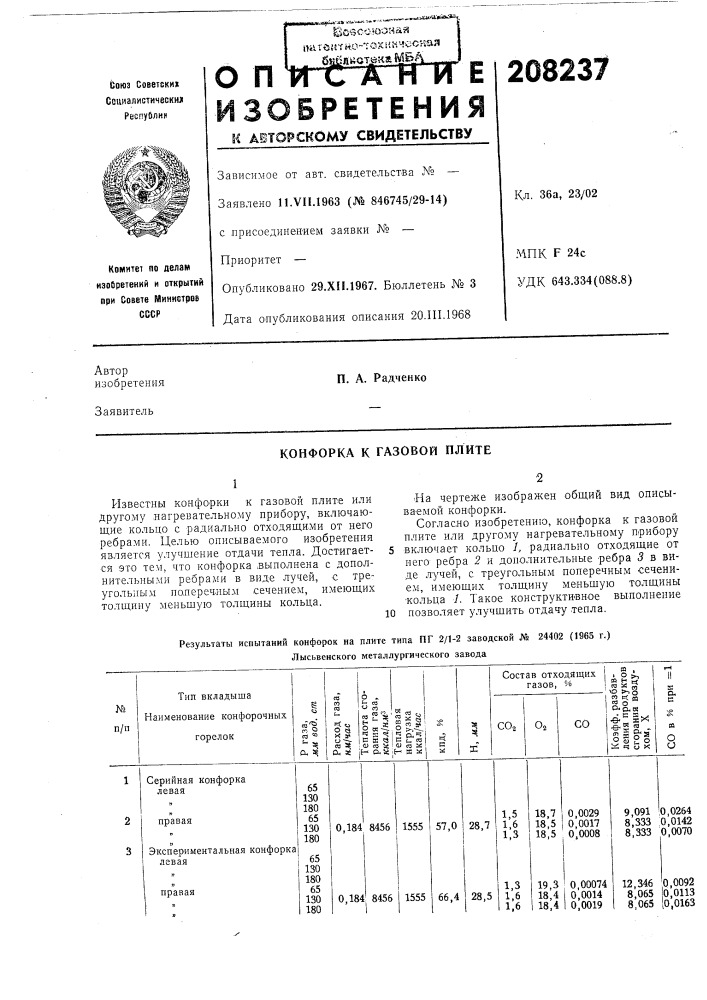 Конфорка к газовой плите (патент 208237)