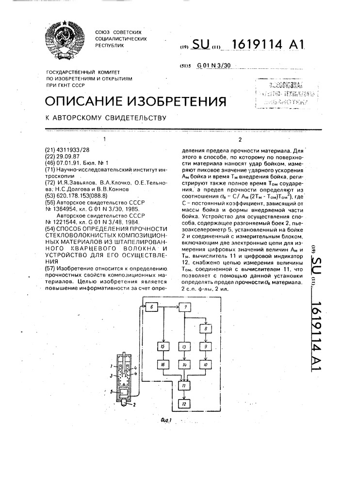 Способ определения прочности стекловолокнистых композиционных материалов из штапелированного кварцевого волокна и устройство для его осуществления (патент 1619114)