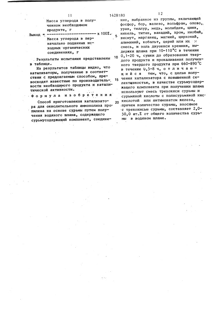 Способ приготовления катализатора для окислительного аммонолиза пропилена (патент 1428180)