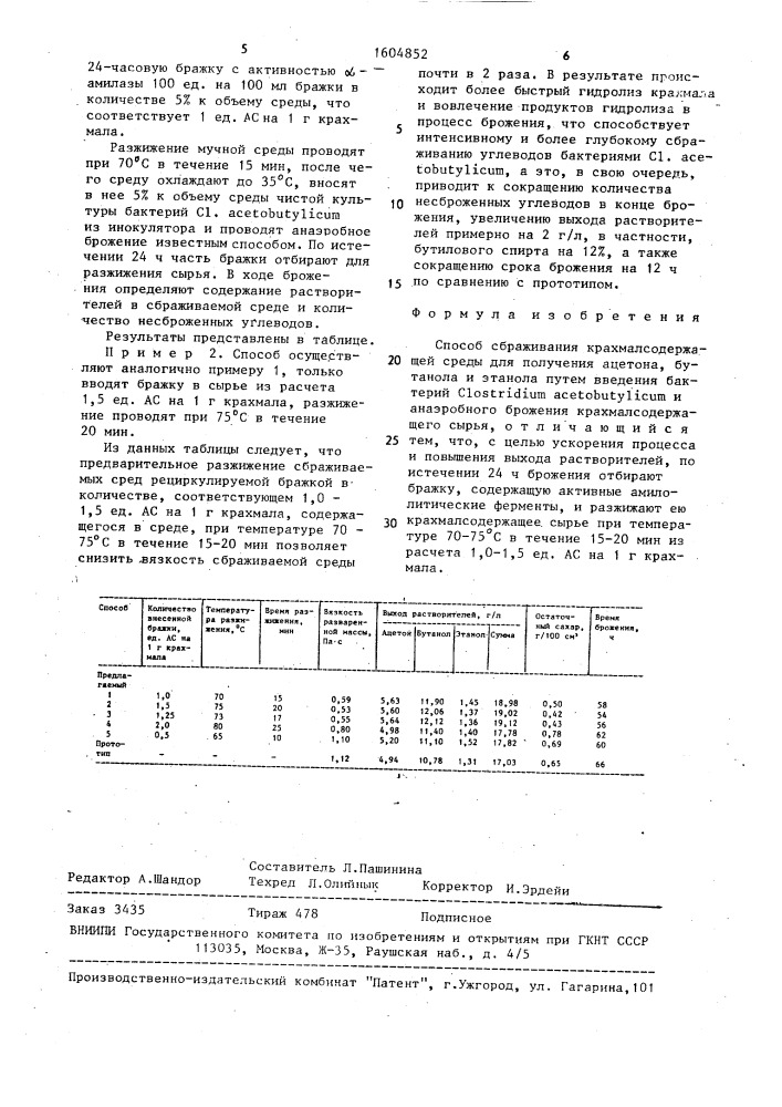 Способ сбраживания крахмалсодержащей среды для получения ацетона, бутанола и этанола (патент 1604852)